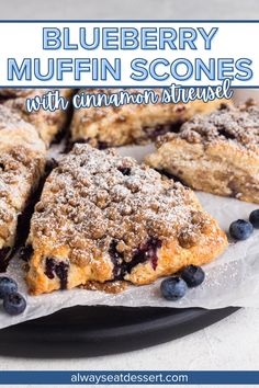 blueberry muffin scones on a plate with powdered sugar and fresh blueberries