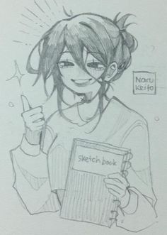 a drawing of a girl holding a book and pointing to the side with her finger