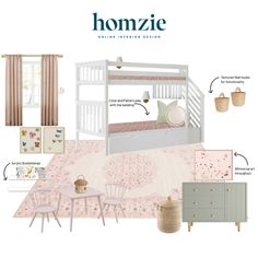 a white bunk bed sitting on top of a pink rug