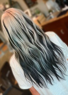 Black and white hair White And Black Baylage Hair, Black Hair White Root, Platinum Silver And Black Hair, White To Black Hair Ombre, Black And White Balayage Hair, Icy Blonde And Black Hair, Platinum Blonde Hair With Black Lowlights, Silver On Top Black On Bottom Hair, White Ombré Hair