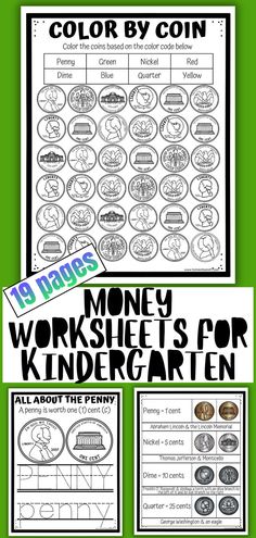 money worksheets for kids to color by coin on the green background with text