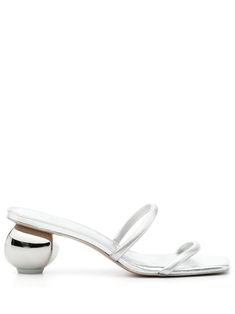 silver-tone calf leather metallic finish double-strap design square open toe slip-on style 57mm sculpted heel branded leather insole rubber outsole Tone Calves, Design Square, Cult Gaia, Leather Mules, Strap Design, Calf Leather, Open Toe, Shoes Sandals, Silver Tone