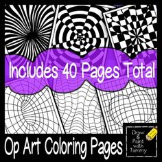 an art coloring page with the words, includes 40 pages total in purple and black