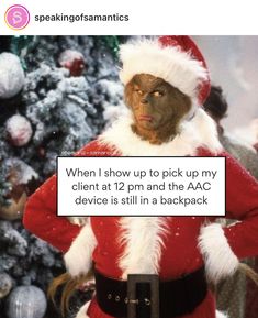 a monkey dressed as santa clause with text that reads, when i show up to pick up my client at 12 pm and the aac device is still in a backpack