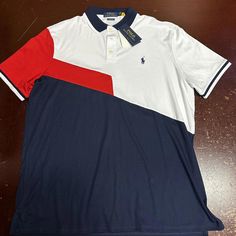 Polo Ralph Loring Red White Blue Classic Fit Short Sleeve Polo Large White Color Block Polo Shirt, White Color Block Collared Tops, White Collared Color Block Top, Casual Red Color Block Shirt, Red Collared Color Block Top, White Color Block Short Sleeve Polo Shirt, Navy Color Block Collared Top, Navy Collared Color Block Top, Casual Navy Color Block Tops