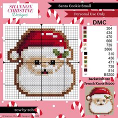 a cross stitch pattern with santa claus's face and candy canes on it