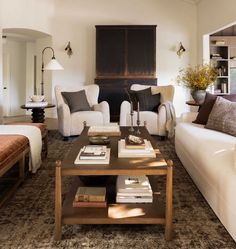 a living room with two couches and a coffee table in front of a fireplace