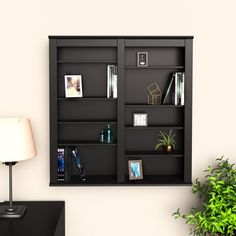 a black bookcase with several books on it next to a lamp and potted plant