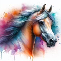 a painting of a horse's head with multicolored hair