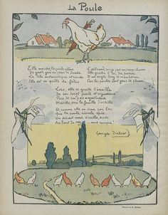 an old french book with pictures of chickens and windmills in the background, from which is written