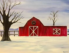 a painting of a red barn in the snow