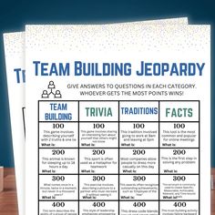 two sheets of paper sitting on top of a wooden table next to each other with the words team building jeopardy