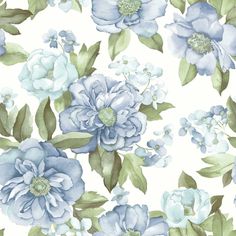 blue flowers and green leaves are on the white wallpaper in this watercolor painting