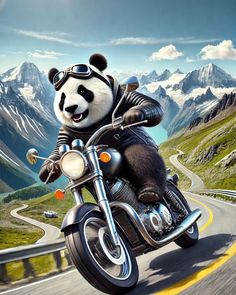 a panda bear riding on the back of a motorcycle down a mountain road with mountains in the background