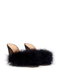 Maison Margiela 90mm feather-embellished Mules - Farfetch Luxury Black Calf Leather Mules, Luxury Feather Trim Open Toe Sandals, Marni Fur Mules, Black Slip-on Mules With Stitched Sole, Designer Black Mules With 4-inch Heel, Chanel 2, Iconic Bags, Ballet Pumps, Demi Fine Jewelry