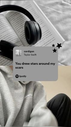 a person wearing headphones and reading a book with the caption you draw stars around my ears