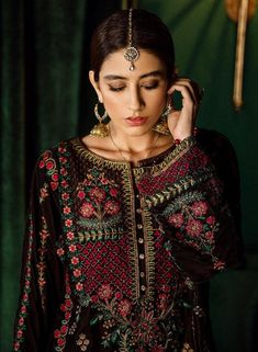 Jamawar and velvet embroidered dress is added for wedding wear. We are offering fast delivery for Pakistani Jamawar and velvet embroidered dress in USA Velvet Shirts Pakistani, Nameera By Farooq, Brown Embroidery, Pink Chiffon Dress, Velvet Sleeve, Elegant Attire, Velvet Shirt, Dress Drawing, Silk Trousers