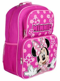 MINNIE BACKPACK ONE backpack Main compartment with zipper closure; approximately 16 in X 12 in X 5 in Front compartments with zipper closure Two side mesh pockets Cushioned adjustable shoulder straps Handle  Brand new with tag Genuine licensed product Disney Standard Backpack For End Of School Year, Minnie Mouse Standard School Backpack, Cute Mickey Mouse Standard Backpack, Disney Student Backpack, Pink Character Bag For Everyday Use, Minnie Mouse Standard Backpack For School, Minnie Mouse Backpack For Travel, Minnie Mouse Backpack For Disney Trips, Disney-themed Character Backpack