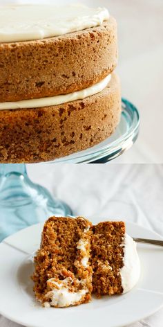 a carrot cake with cream cheese frosting on a plate next to a piece of cake