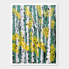 yellow and white birch trees with green background