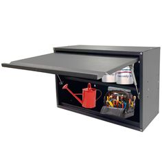 an open metal cabinet with tools and supplies in it