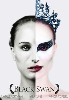 the poster for black swan shows two women with their faces painted white and one has red eyes