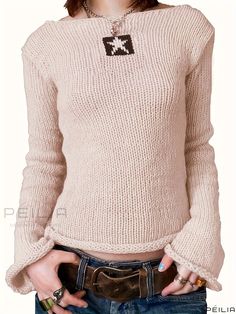 Peilia - Exude Elegance with Y2K Star Pattern Slim Knitted Top, Perfect for Spring & Fall, Boat Neck Long Sleeve Sweater Ideal for Womens Wardrobe Beige Long Sleeve Knitted Top, Beige Knitted Long Sleeve Tops, Hand Knitted Fitted Tops For Winter, Winter Hand Knitted Fitted Tops, Hand Knitted Fitted Winter Tops, Boat Neck Long Sleeve, Womens Wardrobe, Y2k Star, Knitted Top