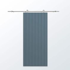 a gray curtain hanging on the side of a white wall next to a metal bar