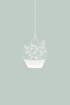 a hanging planter with plants in it on a gray background, illustration by person