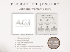 the front and back of a card that says, permanent jewelry care and warrant card