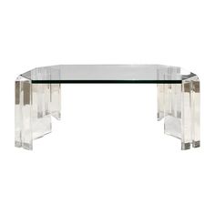 a clear glass table with two legs and an acrylic structure on the top