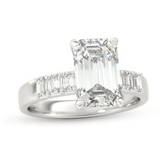 When you propose, let the outstanding design of this gorgeous diamond engagement ring speak for you. Fashioned in sleek platinum, this spectacular choice showcases a 3/4 ct. emerald-cut diamond. Completing this seven-stone style, a trio of 1/6 ct. emerald-cut diamonds glistens on either side of the center stone. Radiant with 1-3/4 cts. t.w. of diamonds and a brilliant buffed luster, this engagement ring is certain to turn heads. Engagement Rings Zales, Emerald Cut Diamond Engagement Rings, Square Cut Engagement Rings, Zales Engagement Rings, Platinum Diamond Wedding Band, Emerald Cut Diamond Engagement Ring, Ring Inspo, Emerald Cut Engagement, Emerald Cut Rings