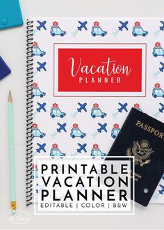 the vacation planner is next to a passport, pencils and other items on a table