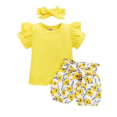 Girl's Clothing 2 / 24M Floral Outfit Short Sleeve Headband Ribbon, Colorful Outfit, Shorts Outfit, Floral Shorts, Set Outfit, Yellow, Floral, Design