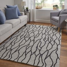 a living room with two couches and a rug on the floor in front of a window