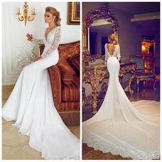 two pictures of the same woman in wedding dresses, one is wearing a long sleeved gown