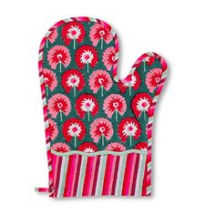 a oven mitt with red flowers on green and pink striped fabric, sitting on a white surface