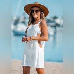 Never Been Worn So Cute Perfect For Summer Cotton Beach Dress For Brunch In Beach Season, Chic Linen Mini Dress For Beach, Casual Linen Beach Dress For Day Out, White Linen Mini Dress For The Beach, White Swim, Cable Knit Dress, Swim Cover Up Dress, Dress Short Sleeve, Swim Cover