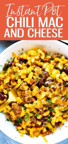 a bowl filled with chili macaroni and cheese on top of a blue table