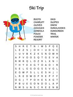 the ski trip word search is shown with an image of a snow skier on it