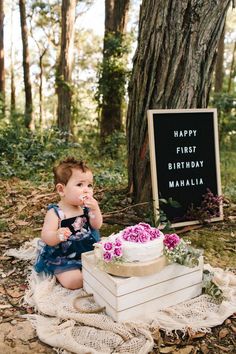 a baby sitting on the ground next to a birthday cake with pink flowers and a sign that says happy first birthday mahllia