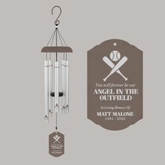 Angel in the Outfield Baseball Memorial Wind Chime Sympathy Wind Chimes, Loss Of Dad, Bat Design, Memorial Wind Chimes, Baseball Theme, Play Baseball, Bereavement Gift, The Outfield, Metal Engraving