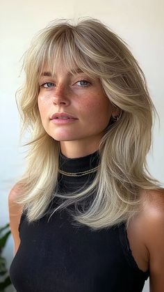 20 Flattering Bangs Hairstyles for Women Over 50: Transform Your Look with These Stunning Styles Curtain Bangs To Cover Forehead, Blonde Bangs Medium Hair, Blonde Bangs Layers, Blonde Layers With Bangs, Moneypiece Bangs, Medium Length Haircut For Thick Hair With Layers Bangs, Bardot Bangs Medium Hair, Bangs Not Styled, Dirty Blonde With Bangs