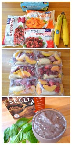 three pictures with different foods and drinks on the same table, including bananas, watermelon, strawberries