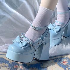 Fabric Material: PuColor: White. Black. Blue. PinkHeels Height: 12cm/4.73" Japan Style Outfits, Japanese Shoes, Halter Dress Short, Cute Shoes Heels, Kawaii Shoes, Kawaii Style, Kawaii Fashion Outfits, Bow Heels, Girly Shoes