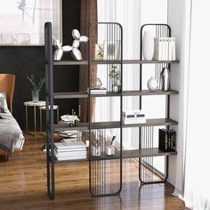 a book shelf in the corner of a room