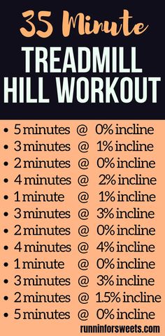 the five minute treadmill workout is shown in orange and black, with numbers on each side