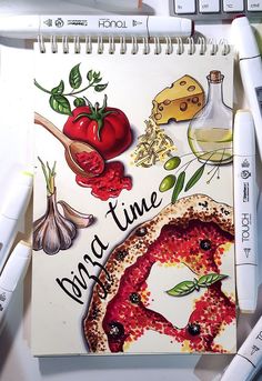 a spiral notebook with an image of pizza and spices