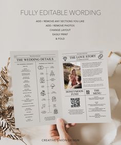 a person holding up a wedding program in front of a white background with the words, fully editable wording