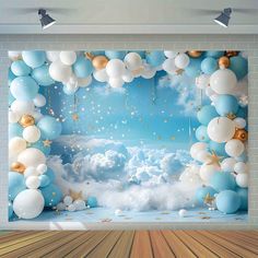 an image of balloons and stars in the sky with clouds behind them on a wall